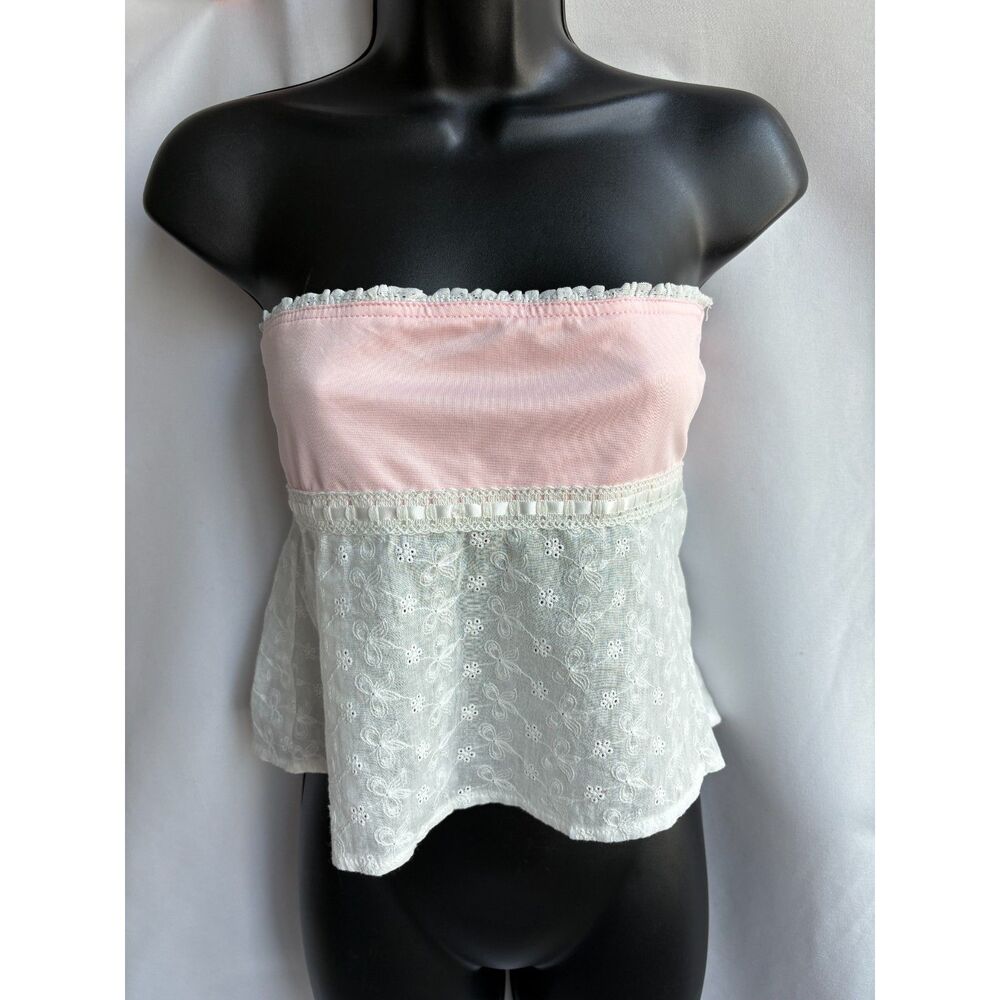Pink White Lace Eyelet Strapless Top Size S Cottagecore Dairy Romantic Flirty